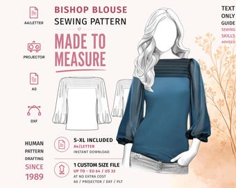 Könnte beinhalten: Ein Schnittmuster für eine Bischofsbluse mit technischer Zeichnung und digitaler Illustration einer türkisfarbenen Bluse mit transparenten langen Ärmeln und plissiertem Ausschnitt. Der Text umfasst BISHOP BLOUSE SEWING PATTERN und MADE TO MEASURE.