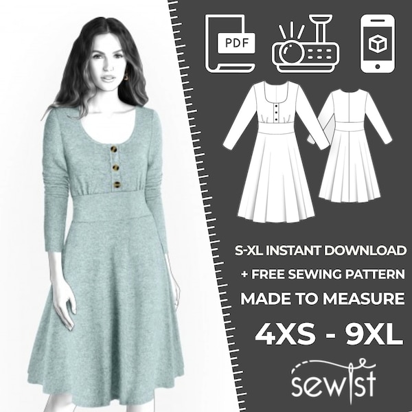 2612 Women's Dress Sewing Pattern PDF - S,M,L,XL / Custom Size - Elegant Wedding, Office, Summer Dress, Simple Guide, Plus Sizes Petite-Tall