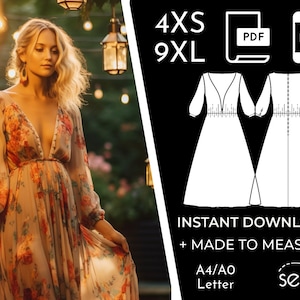 Women&#39;s Long Boho Dress Sewing Pattern PDF - 4XS-9XL / Custom Size - Elegant Wedding, Office, Summer Dress, Simple, Plus Sizes Petite-Tall