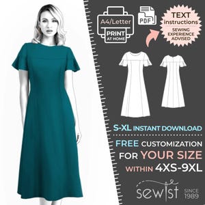 Könnte beinhalten: Ein Nähmuster für ein blaues Kleid mit Rundhalsausschnitt und kurzen Ärmeln. Das Muster ist in den Größen 4XS bis 9XL zum Download verfügbar. Das Muster enthält Anweisungen und ist im Format A4/Letter verfügbar.