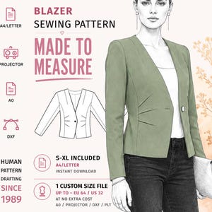 Könnte beinhalten: Ein digitales Schnittmuster für einen salbeigrünen Blazer mit einem Knopfverschluss. Die Grafik enthält Textbeschriftungen für A4, Letter, A0 und DXF-Dateiformate sowie Größeninformationen von S bis XL und Maßanfertigungen bis EU 64.