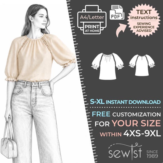 2794 ラグランスリーブのブラウス - 型紙PDF - S-M-L-XL または 