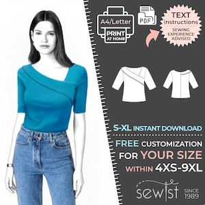 Puede incluir: Un patrón de costura digital para una blusa azul con escote diagonal. El patrón está disponible en tallas S-XL y se puede personalizar para tallas 4XS-9XL. El patrón es una descarga instantánea e incluye instrucciones de texto. Se recomienda experiencia en costura.