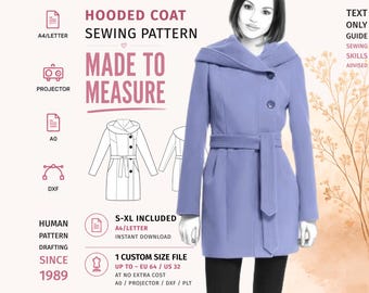 May include: A sewing pattern for a hooded coat with the text HOODED COAT SEWING PATTERN MADE TO MEASURE. The image displays a light purple coat with a hood, long sleeves, a tie belt, and two buttons. Includes icons for A4, Letter, A0, and DXF files.