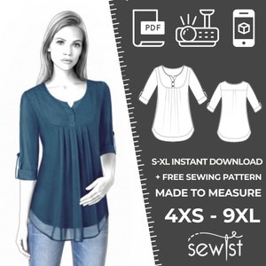 2092 PDF Blouse Sewing Pattern - S-M-L-XL or Made to Measure Sewing Pattern PDF Download