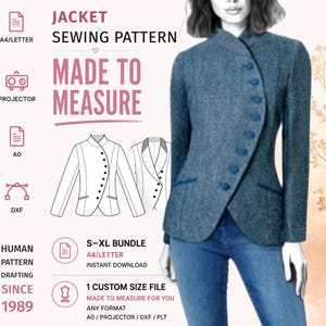 May include: A blue tweed jacket with a high collar and an asymmetrical button closure, paired with blue jeans. The image includes text: JACKET SEWING PATTERN, MADE TO MEASURE, HUMAN PATTERN DRAFTING SINCE 1989, S-XL BUNDLE, A4/LETTER, PROJECTOR, A0, DXF, INSTANT DOWNLOAD, 1 CUSTOM SIZE FILE, ANY FORMAT.