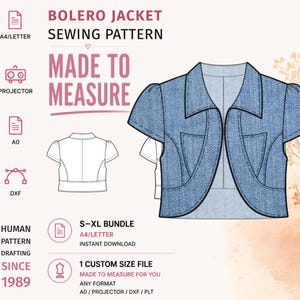 May include: A blue denim-textured bolero jacket sewing pattern with short puff sleeves and a curved front opening. The graphic includes text reading BOLERO JACKET SEWING PATTERN, MADE TO MEASURE, and S-XL BUNDLE, along with icons for A4, A0, and DXF files.