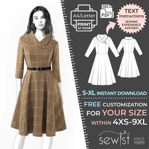 May include: A brown plaid dress with a black belt is shown next to a sewing pattern diagram. The pattern includes text instructions and is available for instant download in sizes S-XL. The pattern offers free customisation for sizes 4XS-9XL.
