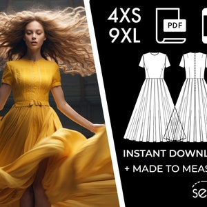 Women&#39;s Long Sun Dress Sewing Pattern PDF - 4XS-9XL / Custom Size - Elegant Wedding, Office, Summer Dress, Simple, Plus Sizes Petite-Tall