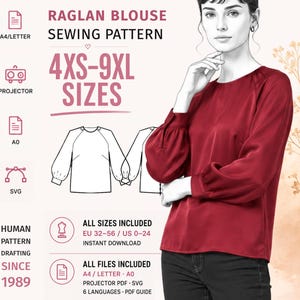 Könnte beinhalten: Ein digitales Schnittmuster für eine Raglanbluse mit langen Ärmeln mit Manschetten und einem Rundhalsausschnitt. Die Grafik enthält den Text RAGLAN BLOUSE SEWING PATTERN, 4XS-9XL SIZES sowie technische Formate wie A4, LETTER, A0 und SVG.