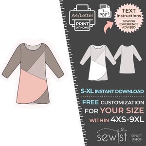 May include: A digital sewing pattern for a long-sleeved dress with a color-blocked design in shades of gray and pink. The image includes a diagram of the dress, along with text instructions and size customization options. The pattern is available for sizes 4XS-9XL.