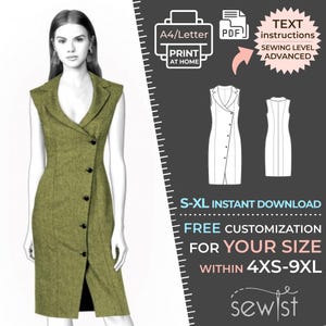 May include: A digital sewing pattern for a sleeveless dress with a wrap-style front and button closure. The pattern is available in sizes S-XL and can be customized for sizes 4XS-9XL. The pattern is an instant download and includes text instructions. The sewing level is advanced.