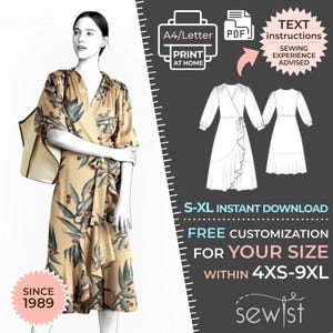 May include: A printable sewing pattern for a wrap dress with a ruffle detail. The pattern is available in sizes S-XL and can be customized for sizes 4XS-9XL. The pattern is available for instant download and includes text instructions. Sewing experience is advised.