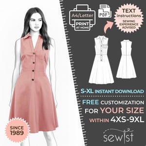 Peut inclure: Patron de couture imprimable pour une robe sans manches avec un col et une fermeture boutonnée. Le patron est disponible dans les tailles 4XS à 9XL et comprend des instructions de personnalisation. Le patron est disponible en téléchargement instantané.
