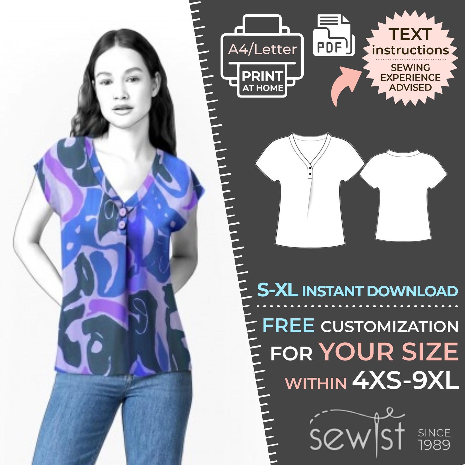 2544 Top Sewing Pattern PDF - S-M-L-XL or Made to Measure Sewing ...