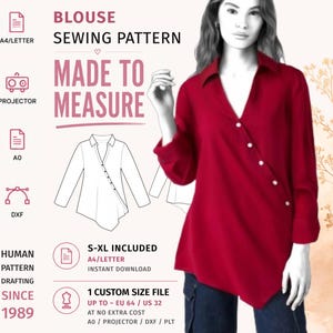 May include: A digital sewing pattern for a long-sleeved blouse with an asymmetrical button closure. The graphic includes text reading Blouse Sewing Pattern, Made to Measure, and S-XL Included. It displays file formats like A4, Letter, A0, and DXF.