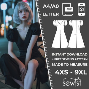 May include: A digital illustration of a dress pattern with puff sleeves and a V-neckline. The pattern is available in sizes 4XS to 9XL and is available for instant download. The text "A4/A0 LETTER PDF" is also included in the image.