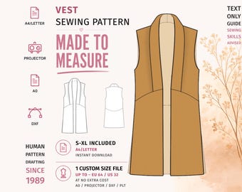 May include: A digital sewing pattern for a sleeveless vest, featuring a tan illustration of the garment with a wide collar. The text includes VEST SEWING PATTERN, MADE TO MEASURE, S-XL INCLUDED, and 1 CUSTOM SIZE FILE UP TO EU 64 / US 32, with icons for A4/LETTER, PROJECTOR, A0, and DXF formats.