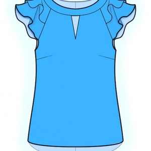 May include: A bright blue short-sleeved blouse featuring a rounded neckline with a small triangular cutout detail at the center. The garment includes ruffled cap sleeves and a curved hemline, presented as a flat technical fashion illustration.