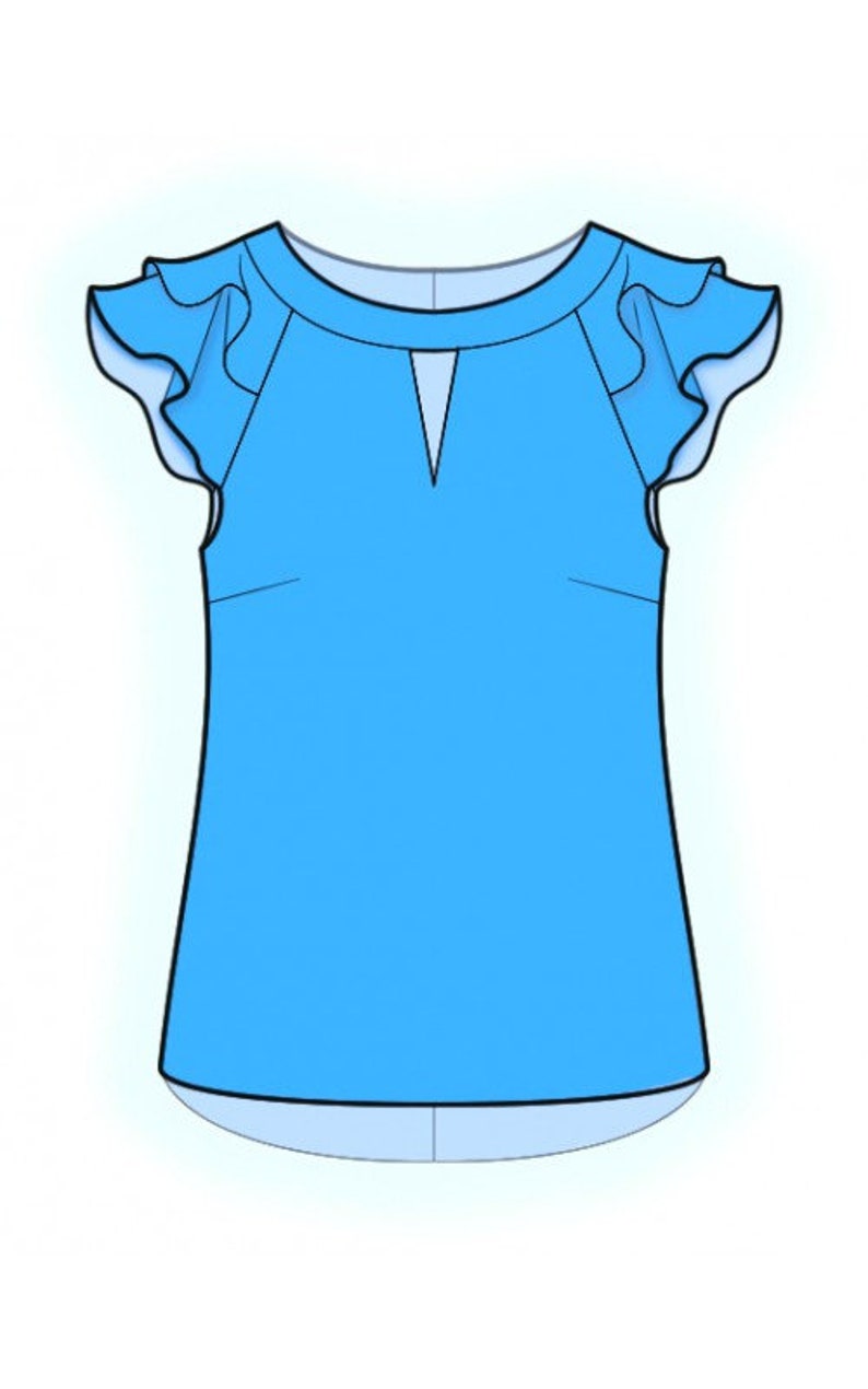 May include: A bright blue short-sleeved blouse featuring a rounded neckline with a small triangular cutout detail at the center. The garment includes ruffled cap sleeves and a curved hemline, presented as a flat technical fashion illustration.