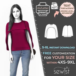 May include: A digital sewing pattern for a red top with a cape. The pattern is available in sizes S-XL and can be customized for sizes 4XS-9XL. The pattern is available as an instant download and includes text instructions. The sewing level is advanced.