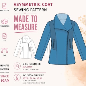 Könnte beinhalten: Ein Schnittmuster für einen asymmetrischen Mantel mit einer blauen Mantelillustration, Text ASYMMETRIC COAT SEWING PATTERN MADE TO MEASURE, S-XL INCLUDED, 1 CUSTOM SIZE FILE UP TO EU 64 sowie Symbolen für A4/LETTER, PROJECTOR, A0 und DXF-Dateiformate.