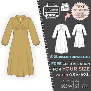 May include: A printable sewing pattern for a long-sleeved dress with a keyhole neckline. The pattern is available in sizes S-XL and can be customised for sizes 4XS-9XL. The pattern is available as an instant download in PDF format. Text instructions are included. Sewing experience is advised.