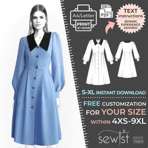Könnte beinhalten: Ein digitales Schnittmuster für ein blaues Kleid mit schwarzem Kragen und langen Ärmeln. Das Schnittmuster ist zum Download in den Größen S-XL verfügbar und kann für die Größen 4XS-9XL angepasst werden. Das Schnittmuster ist als druckbares PDF-Dokument verfügbar.