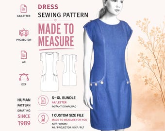 Puede incluir: Un patrón de costura para vestido azul con el texto DRESS SEWING PATTERN, MADE TO MEASURE, A4/LETTER, PROJECTOR, A0, DXF, HUMAN PATTERN DRAFTING SINCE 1989, S-XL BUNDLE, INSTANT DOWNLOAD y 1 CUSTOM SIZE FILE.