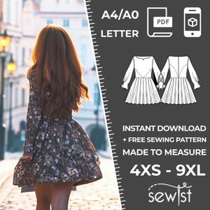 Könnte beinhalten: Eine Frau in einem Kleid mit Blumenmuster geht eine Kopfsteinpflasterstraße entlang. Das Bild enthält eine Schnittmusterillustration und den Text: "A4/A0 Letter", "Instant Download + Free Sewing Pattern Made to Measure 4XS - 9XL", und "sewist".