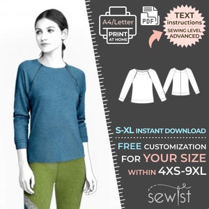 May include: A digital sewing pattern for a long-sleeved top with a round neckline. The pattern is available in sizes S-XL and can be customized for sizes 4XS-9XL. The pattern is available for instant download and includes text instructions. The sewing level is advanced.