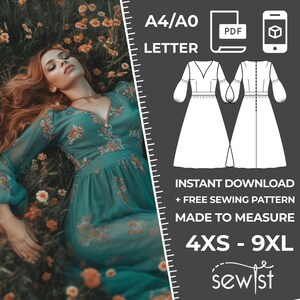 Könnte beinhalten: Ein digitales Schnittmuster für ein langes, fließendes Kleid mit V-Ausschnitt und langen Ärmeln. Das Schnittmuster ist in den Größen 4XS bis 9XL erhältlich und enthält Anleitungen zum Nähen des Kleides. Das Schnittmuster steht zum sofortigen Download im PDF-Format zur Verfügung.
