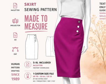 May include: A digital sewing pattern for a high-waisted magenta pencil skirt featuring three buttons along the side. The graphic includes technical line drawings, text labels for A4, Letter, A0, and DXF formats, and size information ranging from S to XL.