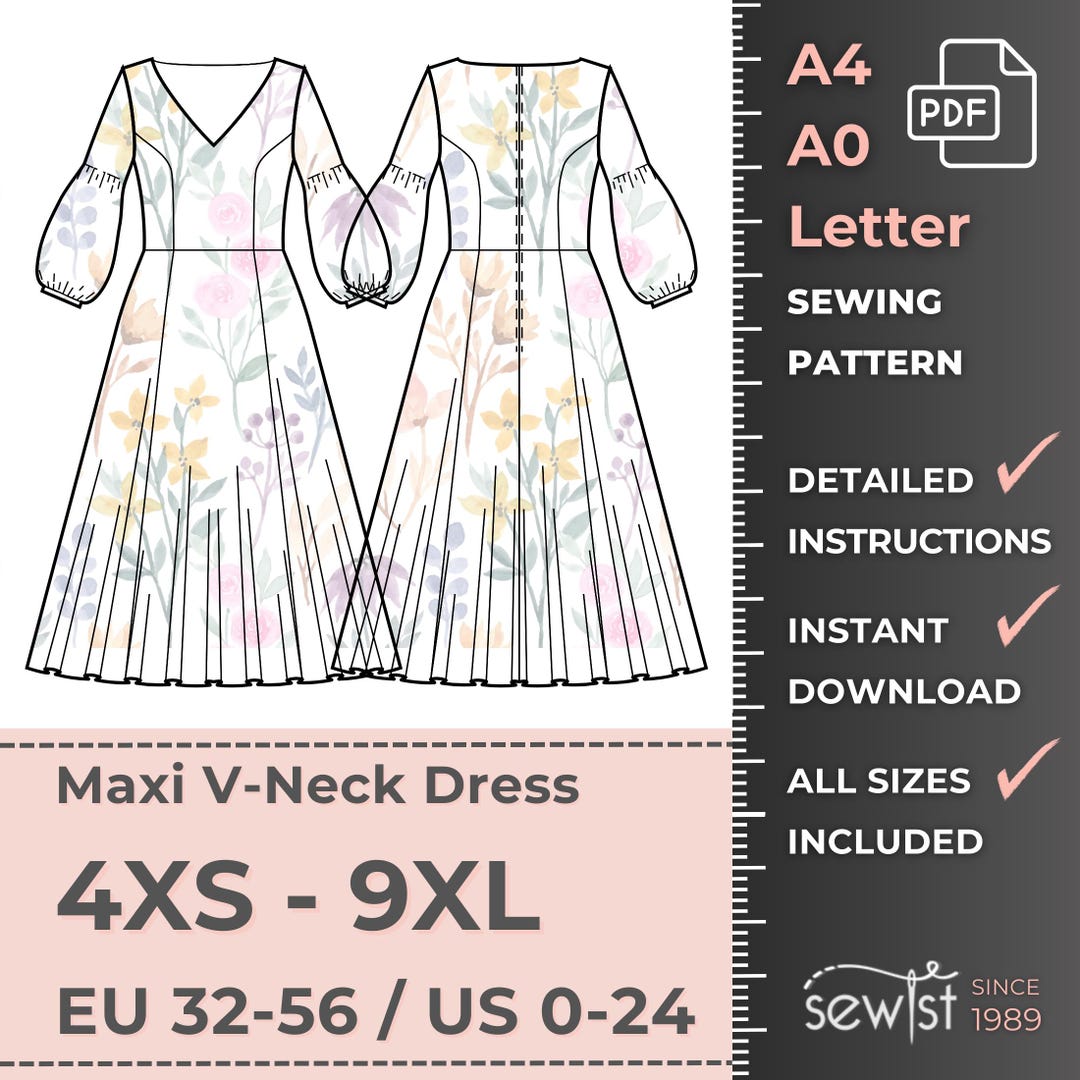 V-neck Maxi Dress, Women Dress Sewing Pattern, Sizes 4XS-9XL