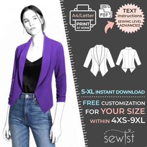 May include: A purple blazer sewing pattern with a fitted silhouette and a shawl collar. The pattern is available for instant download in sizes S-XL and can be customized for sizes 4XS-9XL. The pattern includes text instructions and is considered an advanced sewing project.