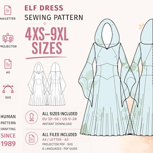 Könnte beinhalten: Ein digitales Schnittmuster für ein Elfenkleid mit technischen Strichzeichnungen eines Kapuzenkleides mit ausgestellten Ärmeln. Der Text enthält ELF DRESS SEWING PATTERN, 4XS-9XL SIZES sowie Angaben zu A4/LETTER, PROJECTOR, A0 und SVG-Dateiformaten.