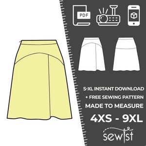 May include: A digital illustration of a yellow skirt with a curved hemline. The text "S-XL INSTANT DOWNLOAD + FREE SEWING PATTERN MADE TO MEASURE 4XS - 9XL sewist" is displayed on a dark gray background.
