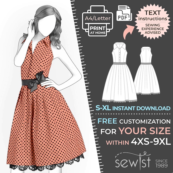 4128 Damenkleid Schnittmuster PDF - S, M,L,XL / Custom Size - Elegante Hochzeit, Büro, Sommerkleid, Simple Guide, Plus Sizes Petite-Tall