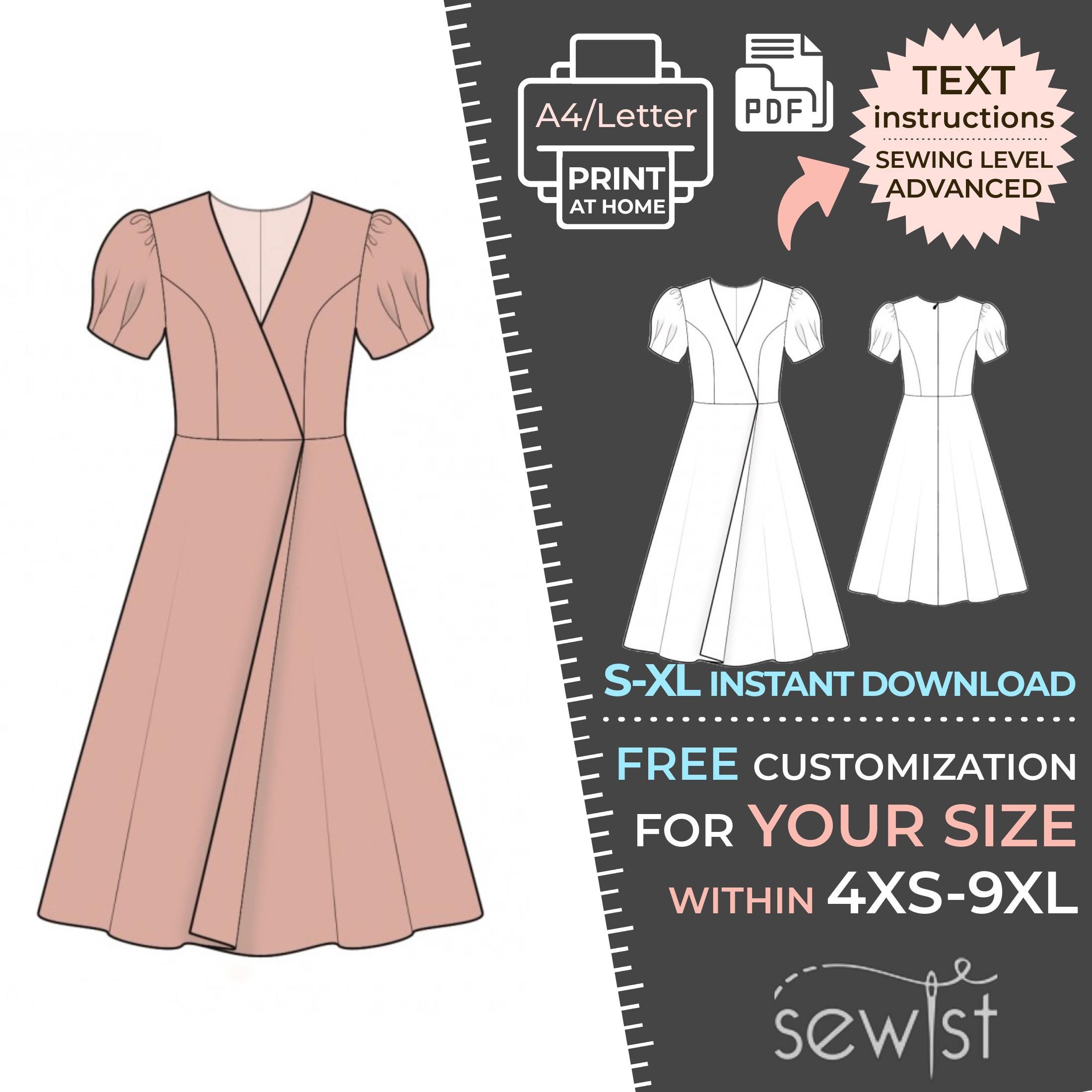 2074 Women's Wrap Dress Sewing Pattern PDF - S,M,L,XL / Custom Size ...