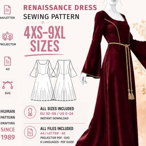 Könnte beinhalten: Ein digitales Schnittmuster für ein bodenlanges, langärmeliges bordeauxrotes Kleid mit eckigem Ausschnitt und goldenem Kordelgürtel. Das Bild enthält Text wie RENAISSANCE DRESS SEWING PATTERN, 4XS-9XL SIZES sowie Dateiformate wie A4/LETTER, A0 und SVG.