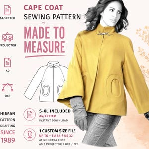 Patrón de costura en PDF para abrigo tipo capa · Abrigo estilo swing con bolsillos redondos · Tallas S–XL + Tallas personalizadas