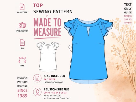 Ruffle Sleeve Blouse Pattern · Keyhole Neck Top · S–XL + Custom Size