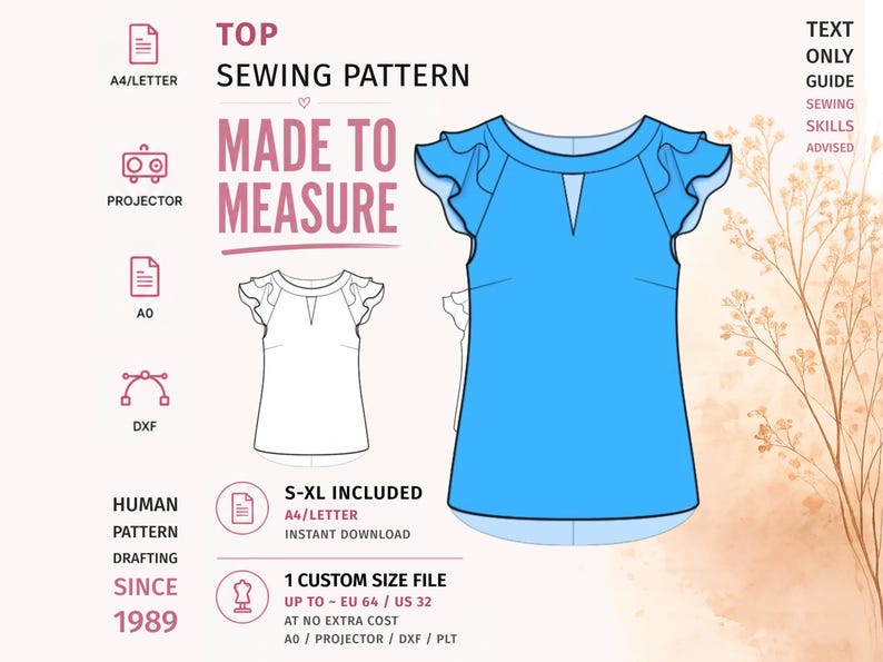 May include: A digital sewing pattern for a top with flutter sleeves and a keyhole neckline. The graphic includes text reading TOP SEWING PATTERN, MADE TO MEASURE, S-XL INCLUDED, and 1 CUSTOM SIZE FILE UP TO EU 64 / US 32, alongside icons for A4, A0, and projector files.