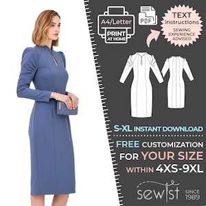 2725 Damenkleid Schnittmuster PDF - S, M,L,XL / Custom Size - Elegante Hochzeit, Büro, Sommerkleid, Simple Guide, Plus Sizes Petite-Tall