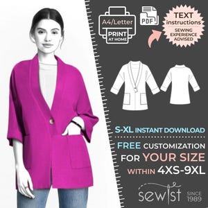 Può includere: Un cartamodello digitale per un blazer rosa con colletto e tasche. Il cartamodello è disponibile nelle taglie S-XL e 4XS-9XL. Il cartamodello è un download istantaneo e include le istruzioni per la cucitura. Il testo sull'immagine recita "A4/Letter PDF PRINT AT HOME TEXT instructions SEWING EXPERIENCE ADVISED S-XL INSTANT DOWNLOAD FREE CUSTOMIZATION FOR YOUR SIZE WITHIN 4XS-9XL sewist SINCE 1989"
