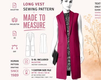 May include: A long magenta sleeveless vest sewing pattern featuring a shawl collar and two front pockets. The image includes text: LONG VEST SEWING PATTERN, MADE TO MEASURE, S-XL INCLUDED, 1 CUSTOM SIZE FILE UP TO EU 64 / US 32, and HUMAN PATTERN DRAFTING SINCE 1989.