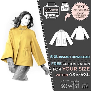 Può includere: Un cartamodello digitale per una giacca gialla con collo alto e tasche. Il cartamodello è disponibile nelle taglie S-XL e può essere personalizzato per le taglie 4XS-9XL. Il cartamodello è un download istantaneo e include istruzioni di testo. Si consiglia esperienza di cucito.