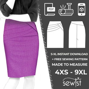 May include: A purple pencil skirt with a draped design. The image includes a digital download icon, a projector icon, and a phone icon. The text reads "S-XL Instant Download + Free Sewing Pattern Made to Measure 4XS - 9XL sewist".