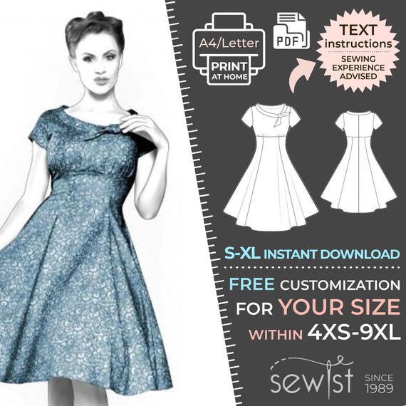 4368 Women's Dress Sewing Pattern PDF S,M,L,XL Custom Size Elegant  Wedding, Office, Summer Party, Simple Guide, Plus Sizes Petite-Tall