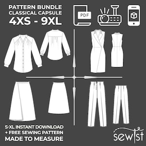 Könnte beinhalten: Eine digitale Illustration eines Nähmuster-Pakets für eine klassische Kapselgarderobe. Das Muster beinhaltet eine Bluse, ein Kleid, einen Rock und eine Hose. Das Bild enthält den Text "PATTERN BUNDLE", "CLASSICAL CAPSULE", "4XS - 9XL", "S-XL INSTANT DOWNLOAD", "FREE SEWING PATTERN", "MADE TO MEASURE", "PDF", und "sewist".
